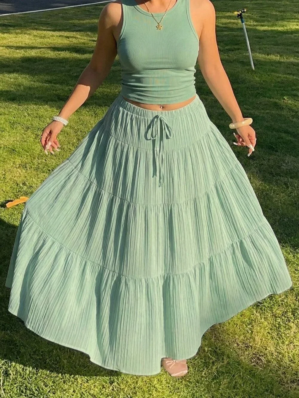 Mint Green Casual Women's Round Neck Tank Top And Midi Skirt Set, Plus Size